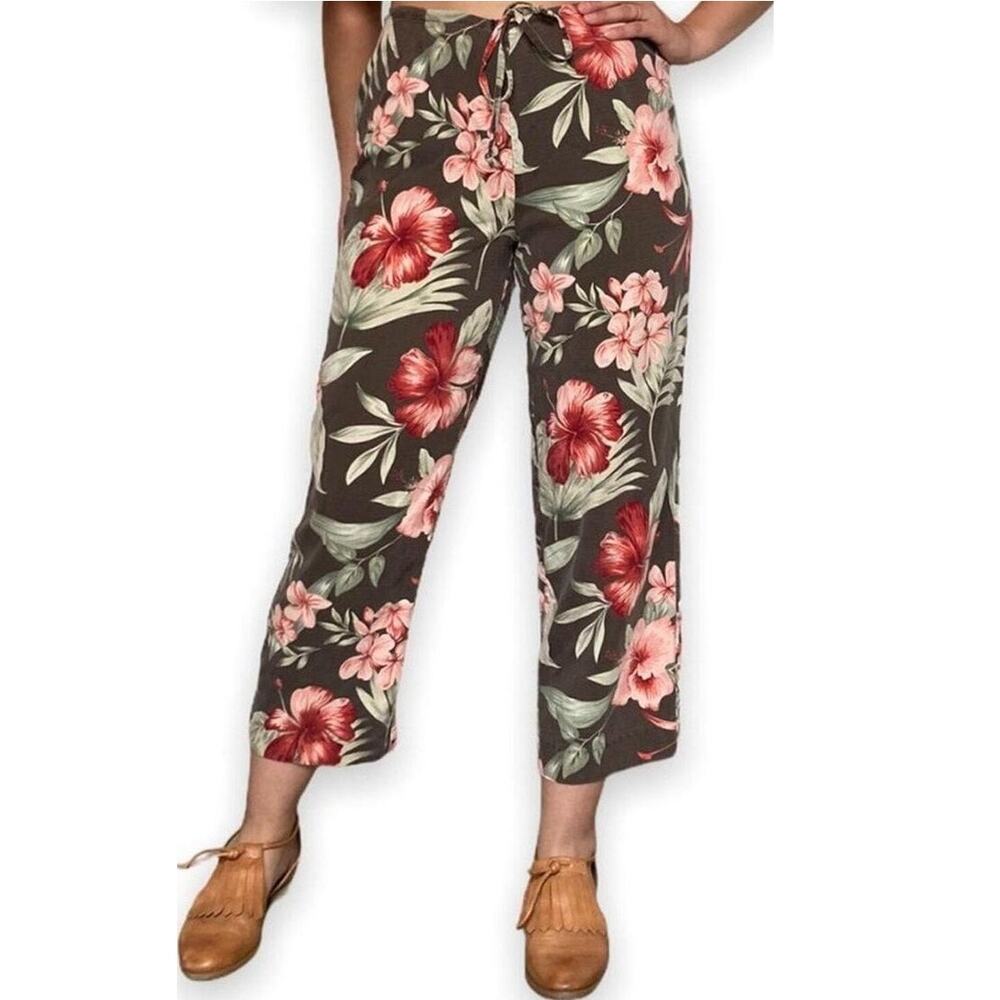 Tommy Bahama Silk Pants Hibiscus Stretch Straight Drawstring Brown 16 40"x32"
